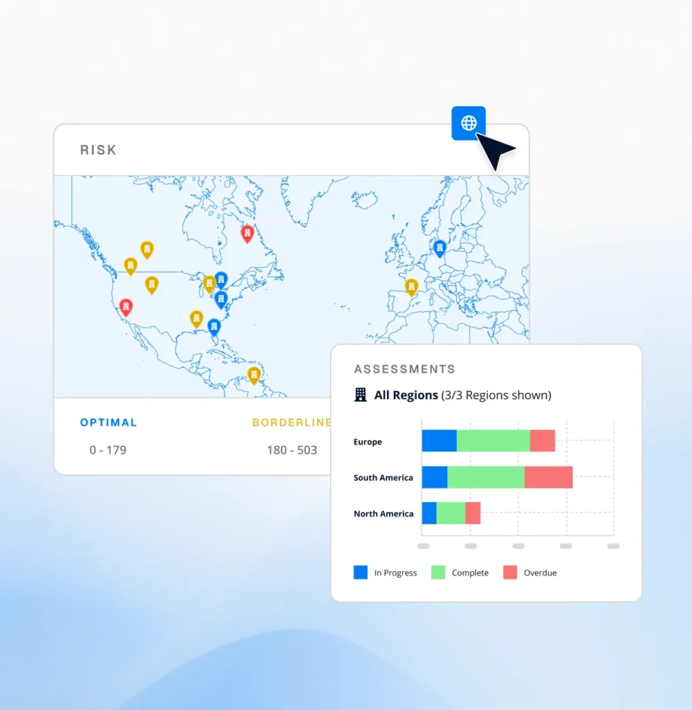 Circadian Risk map of assessments by region with a completion bar chart, for real-time risk visibility in security operations