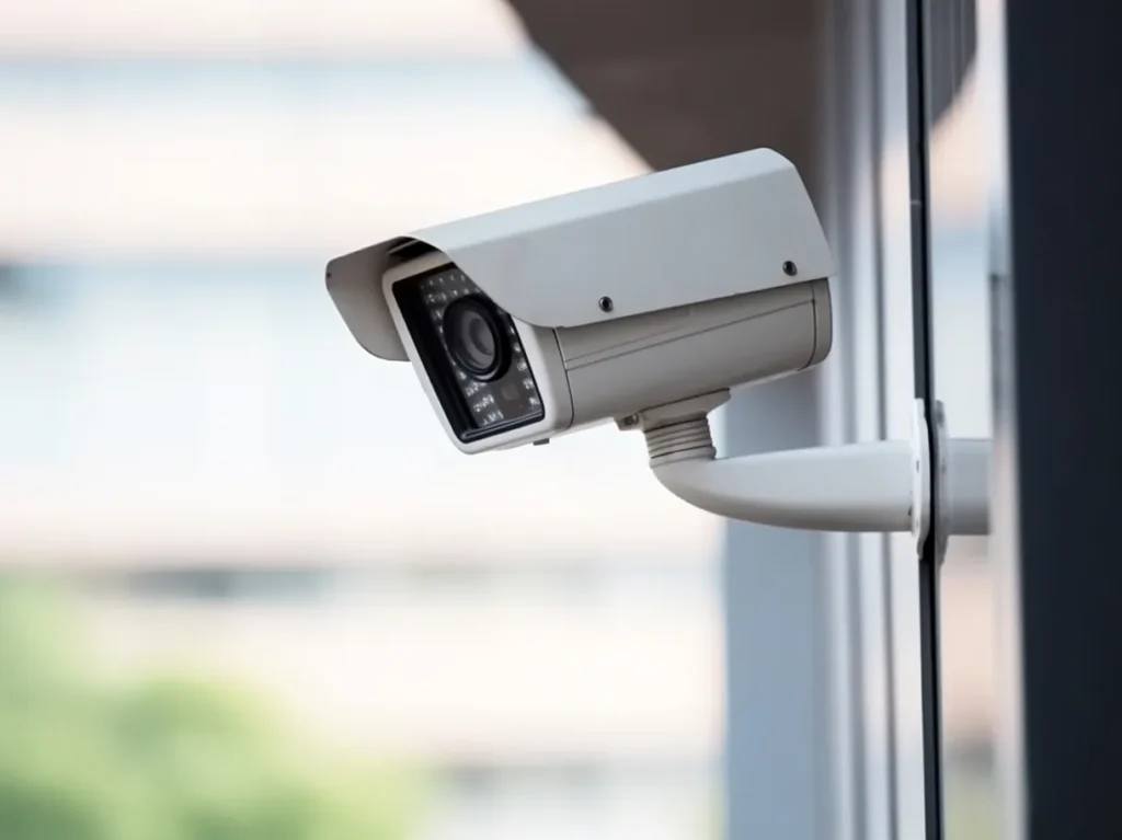 Outdoor security camera on a building wall, illustrating physical security controls and vulnerability mapping