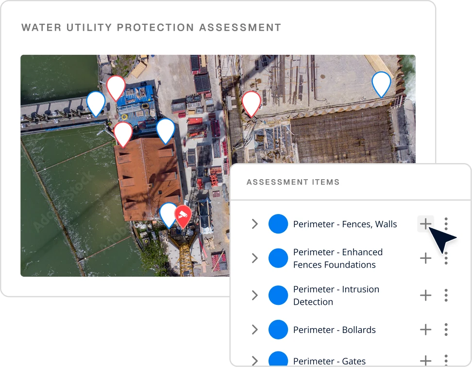 Circadian Risk water utility protection assessment with an aerial site map and list of perimeter assessment items, mapping controls and vulnerabilities