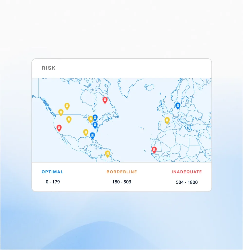 Circadian Risk map of locations with risk pins rated optimal, borderline or inadequate, in an executive board report