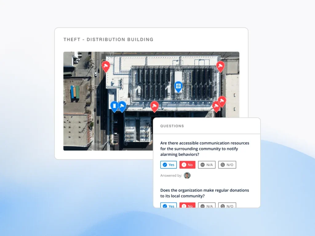 Circadian Risk theft assessment of a distribution building with an aerial photo and controls question panel, showing scenario-based risk modeling