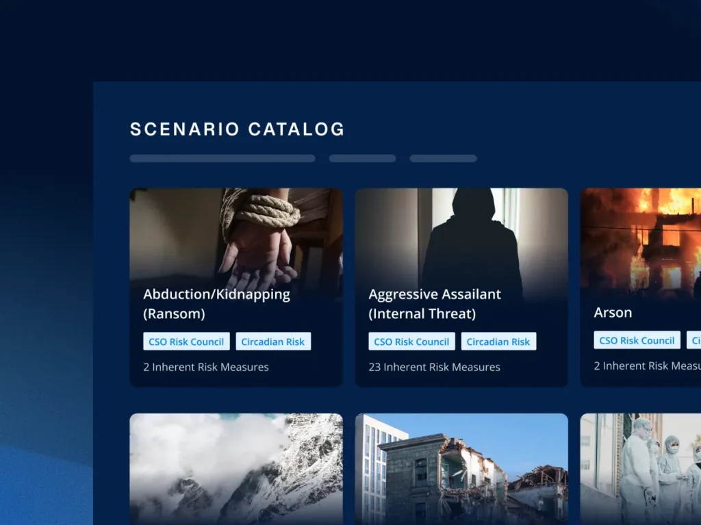 Circadian Risk scenario catalog with scenario cards, built on the industry standard behind the platform