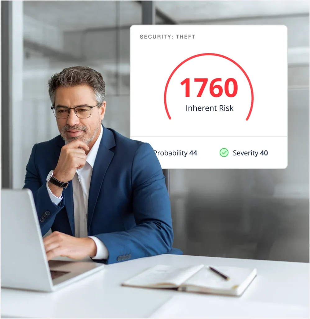 Executive at a laptop beside a Circadian Risk inherent risk score of 1760 for theft