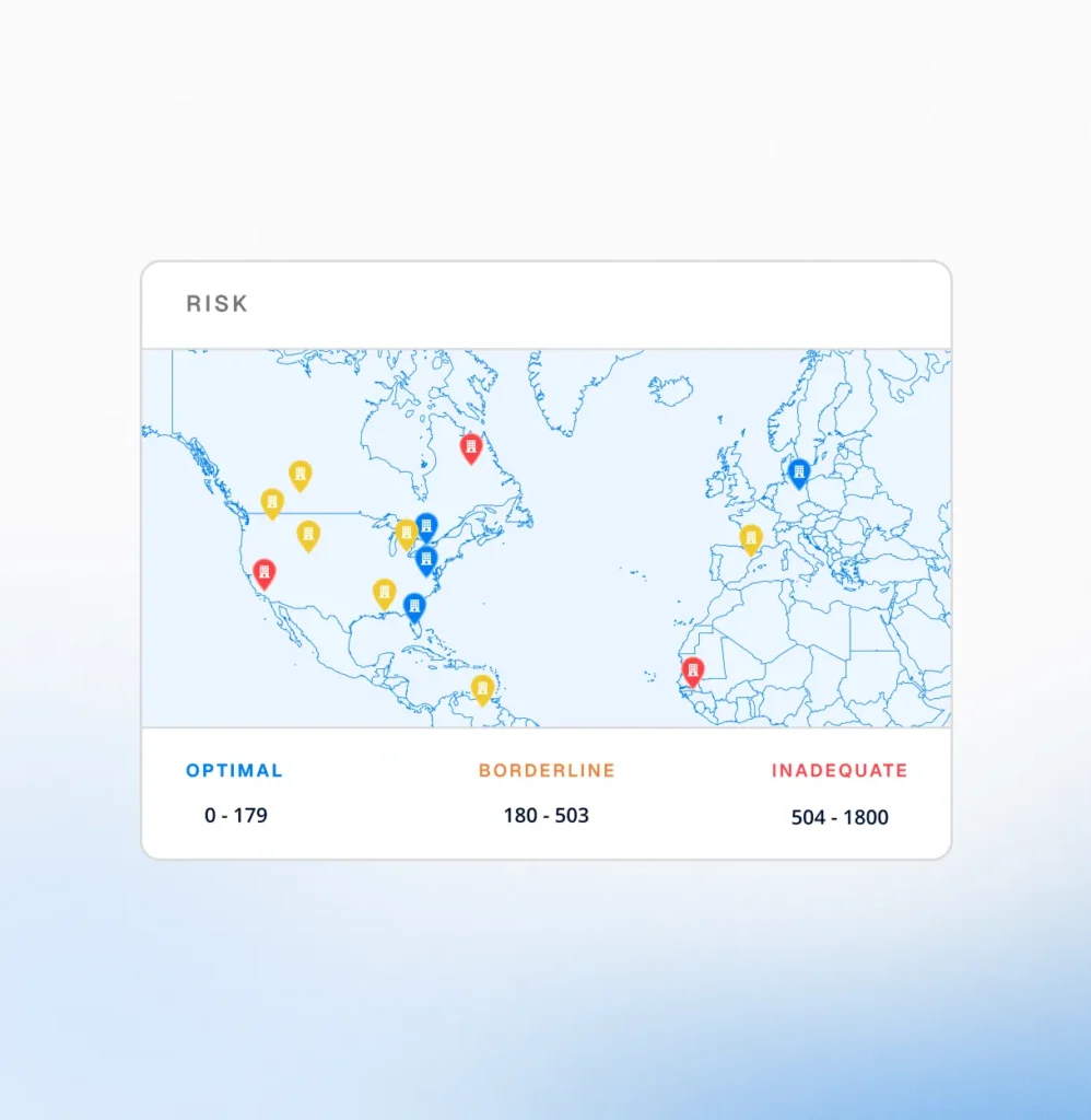 Circadian Risk world map of locations with risk pins rated optimal, borderline or inadequate, for executive leadership and boards