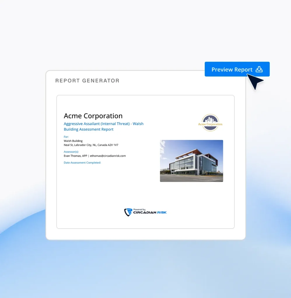 Circadian Risk report generator previewing an assessment report for a sample company, for executive leadership and boards