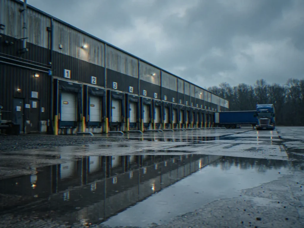 Warehouse loading docks under a stormy sky, illustrating what inherent risk means in physical security