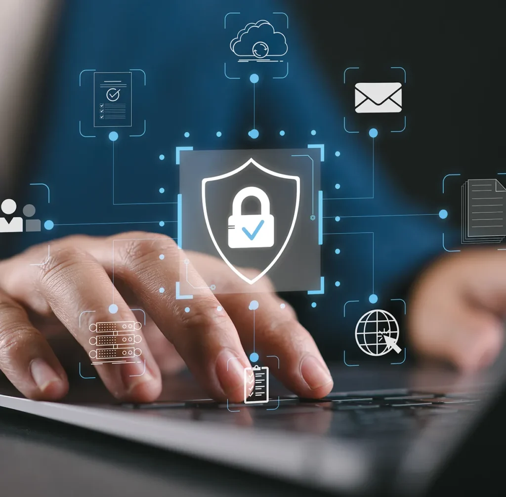 Hands typing on a laptop with a padlock shield and security icons, illustrating a physical security platform that supports ASIS standards
