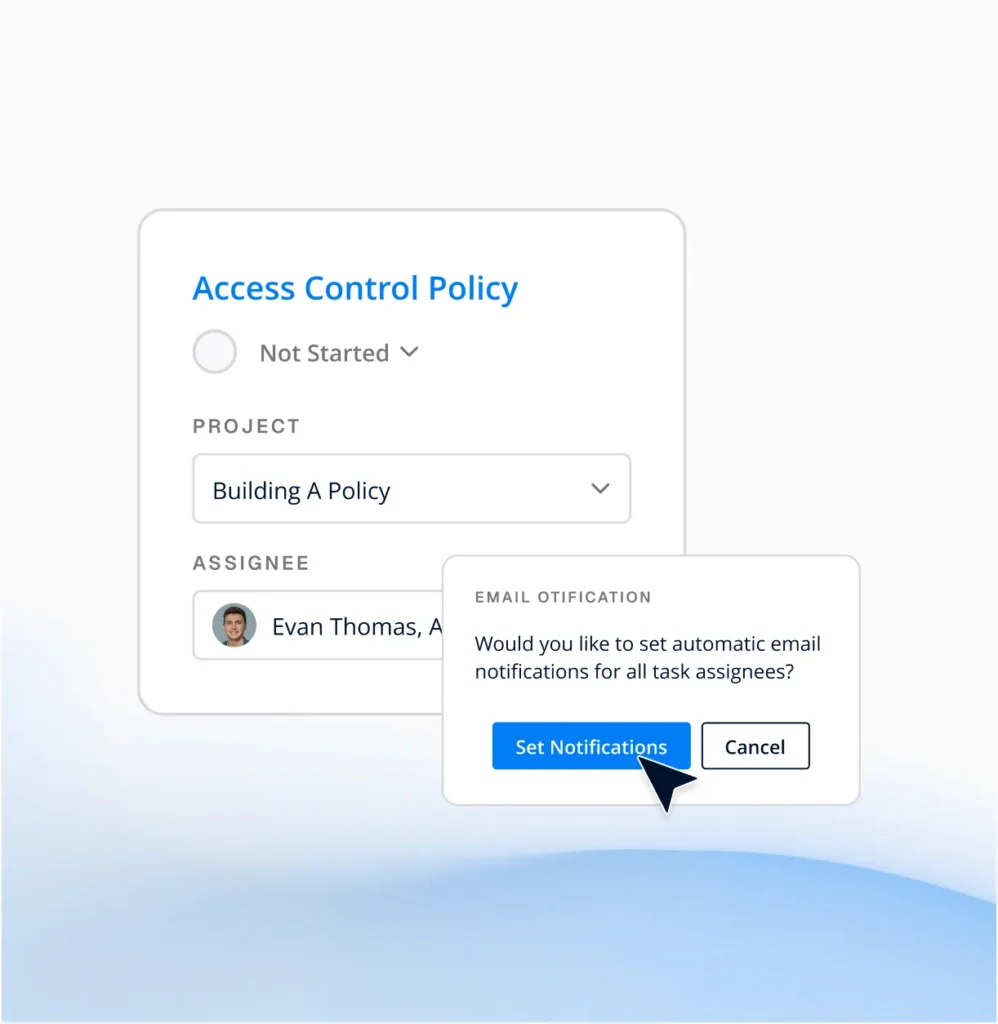 Circadian Risk access control policy task with an email notification prompt, part of risk remediation workflows