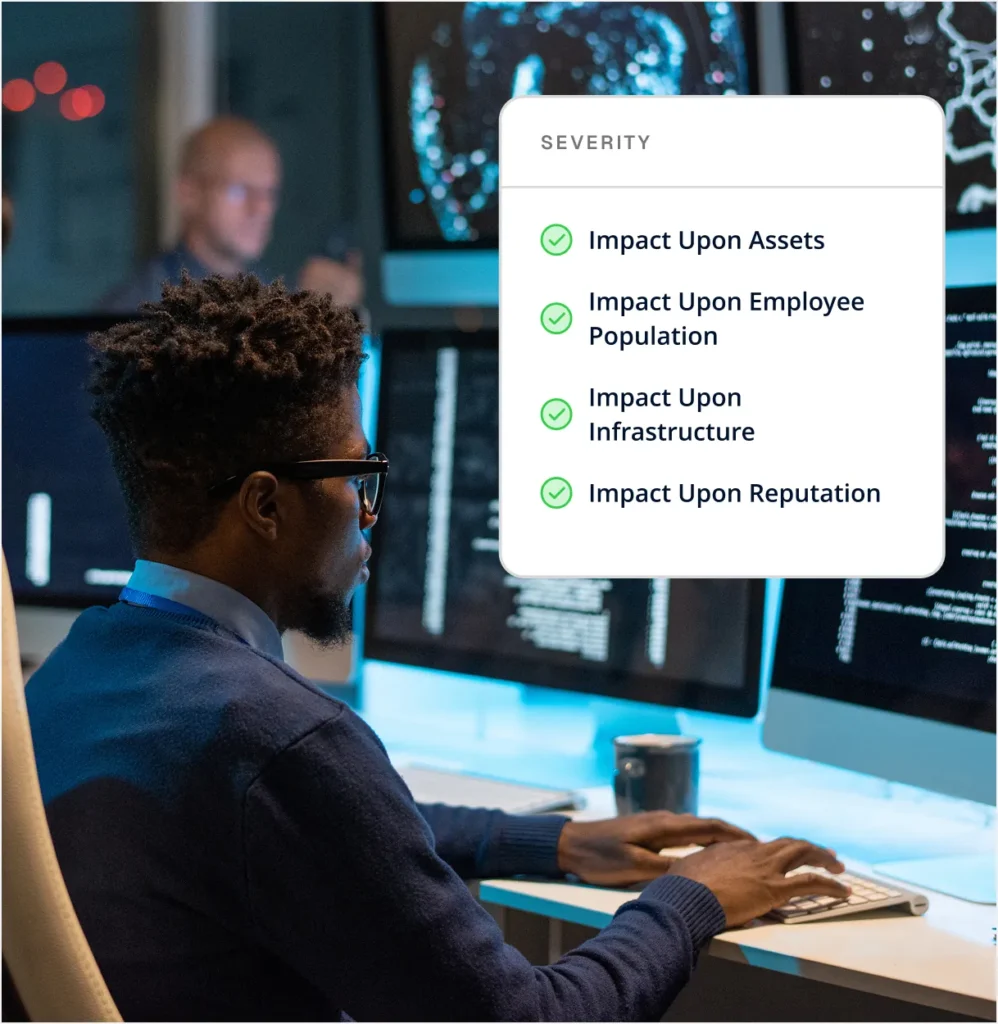 Security analyst at monitors beside Circadian Risk severity factors: assets, employees, infrastructure and reputation