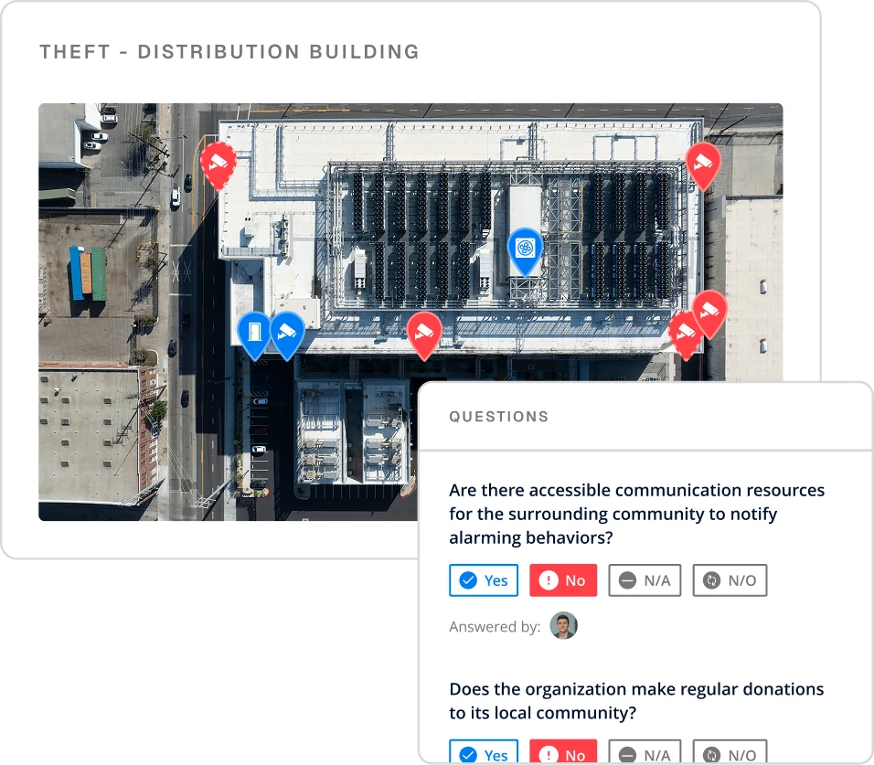 Circadian Risk theft assessment of a distribution building with an aerial photo and controls question panel, mapping controls and vulnerabilities