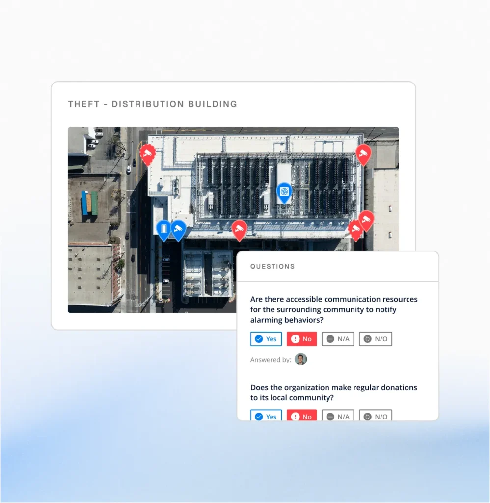 Circadian Risk theft assessment of a distribution building with an aerial photo and controls question panel, a security consultant deliverable