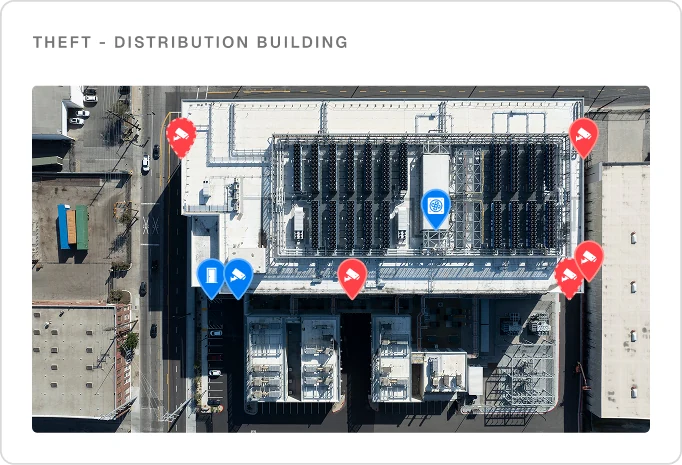 Circadian Risk aerial view of a distribution building marked with theft risk pins, from the controls assessment layer of the platform